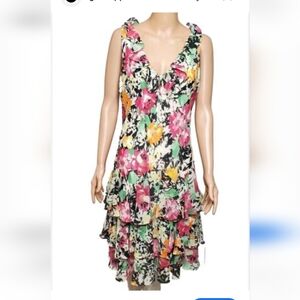 LRL Lauren Ralph Lauren Dress Midi Scarf Cha Cha Tiered Ruffled Full Flowy Sz 2